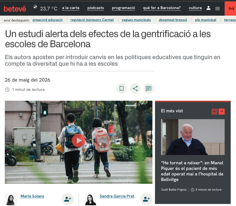 Estudi sobre gentrificació escolar